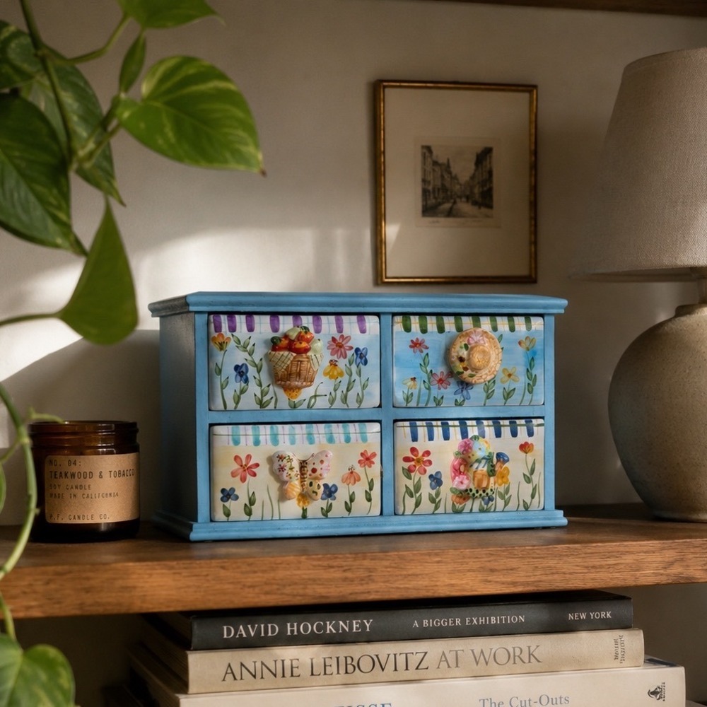 Vintage Floral Ceramic Drawer Chest Blue Wood Jewelry Trinket Storage Box